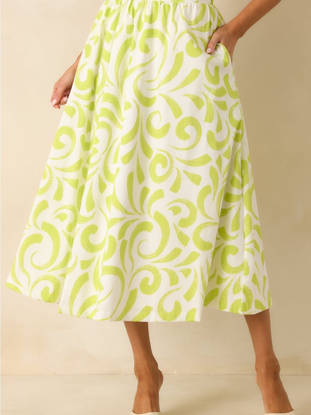 NWT | Prosperina Cotton Lined White and Green Floral Abstract Midi Skirt Size S